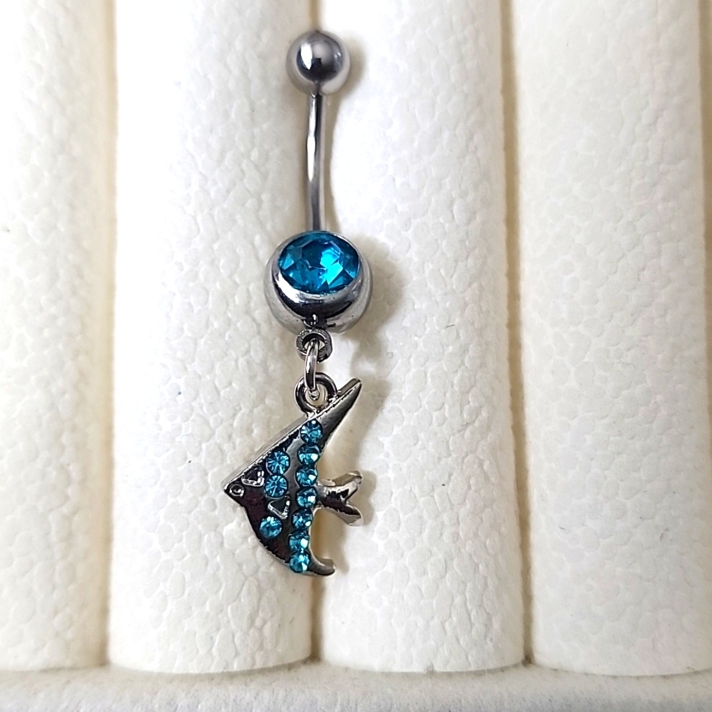 Belly BUTTON RING STAINLESS STEEL AQUAMARINE  FISH 14G   Dangle